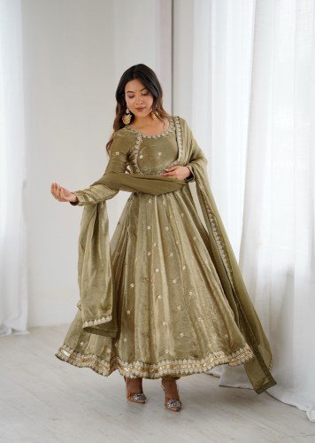 SP DN 06 Designer Fandy Silk Anarkali Gown Set With Coding Sequence Work In Olive Green Color