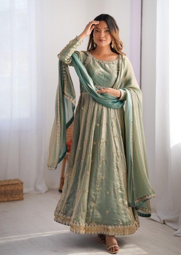 SP DN 06 Designer Fandy Silk Anarkali Gown Set With Coding Sequence Work In Mint Green Color
