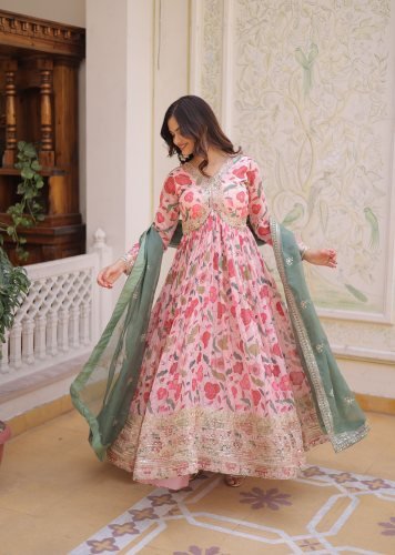 KA DN 1225 Designer Anarkali Gown In Digital Printed Russian Silk With Zari Sequence Work In Pink Color