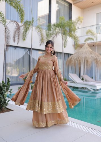 KA DN 1233 Premium Super Silk Kurta Sharara Set With Elegant Sequence Work In Beige color