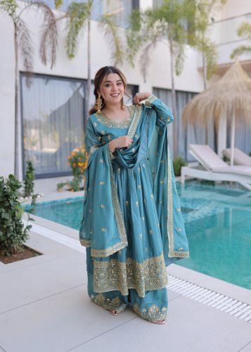 KA DN 1233 Premium Super Silk Kurta Sharara Set With Elegant Sequence Work In Sky Blue color