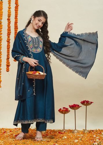 DN 171 Girls Vichitra Silk Anarkali Kurti Pant Dupatta Set With Embroidered Neck Design In Teal Blue Color