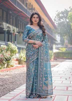 DN 175 Premium Pure Handloom Teal Blue Saree With Multicolor Floral Vine Print And Designer Pallu Teal Blue Color