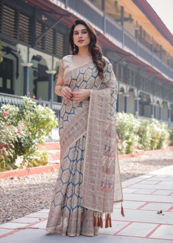 DN 176 Premium Pure Handloom Cotton Saree In Beige Color With Designer Floral Print And Tassels 