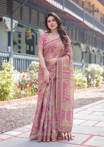 DN 177 Designer Pure Handloom Cotton Blend Saree With Multicolor Floral Pallu In Pink Color