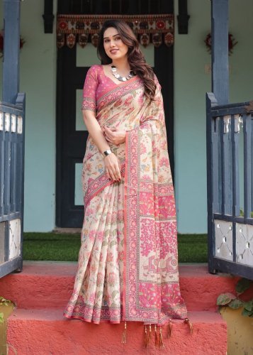 DN 189 Elegant Handloom Saree With All Over Floral Design And Contrast Pink Border In Beige color