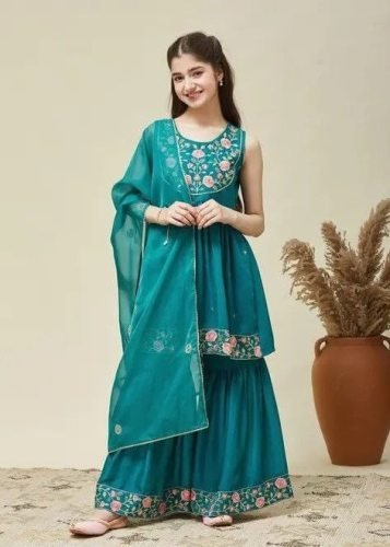 DN 216 Girls Ethnic Silk Blend Sharara Set With Embroidery Thread Work And Dupatta In Teal Blue color