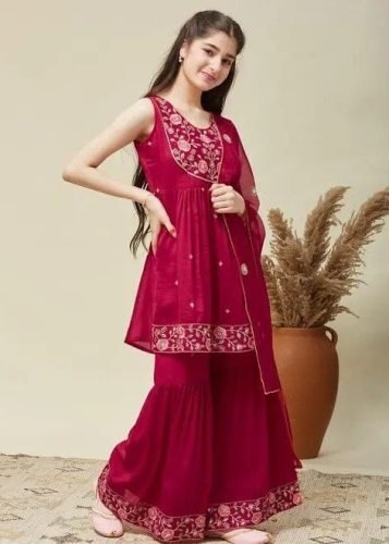 DN 216 Girls Ethnic Silk Blend Sharara Set With Embroidery Thread Work And Dupatta In Rani Pink color