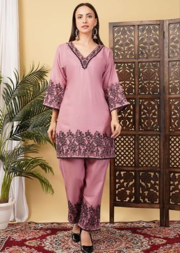 DN 322 Tesla Cotton Slub Kurti Pant Set With Elegant Embroidery Work in Baby Pink Color