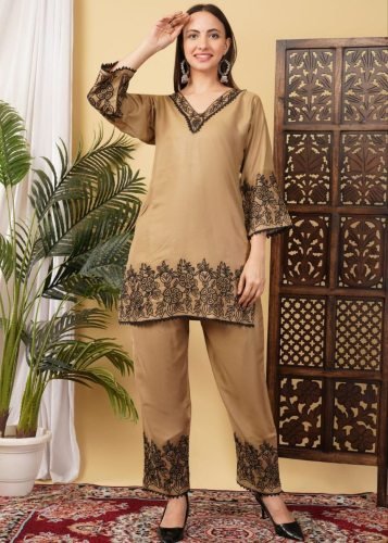 DN 322 Tesla Cotton Slub Kurti Pant Set With Elegant Embroidery Work in Beige Color