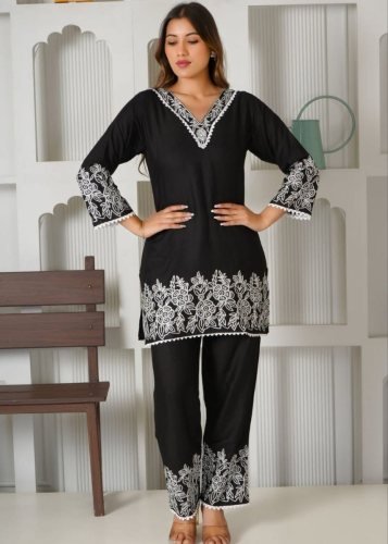 DN 322 Tesla Cotton Slub Kurti Pant Set With Elegant Embroidery Work in Black Color