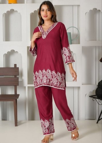 DN 322 Tesla Cotton Slub Kurti Pant Set With Elegant Embroidery Work in Maroon Color
