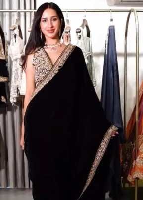 DN 6047 Beautiful Designer Winter Special Viscose Velvet Saree With Embroidery Sequence Work And Jari Dori Border Black Color