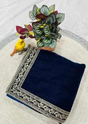 DN 6047 Beautiful Designer Winter Special Viscose Velvet Saree With Embroidery Sequence Work And Jari Dori Border Navy Blue Color