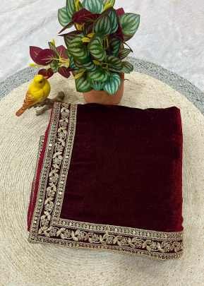 DN 6047 Beautiful Designer Winter Special Viscose Velvet Saree With Embroidery Sequence Work And Jari Dori Border Maroon Color