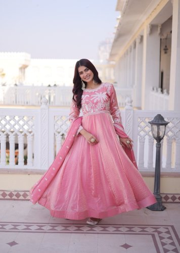 LW DN 9315 Fendi Satin Anarkali Gown With Dupatta And Thread Sequence Embroidery In Pink Color