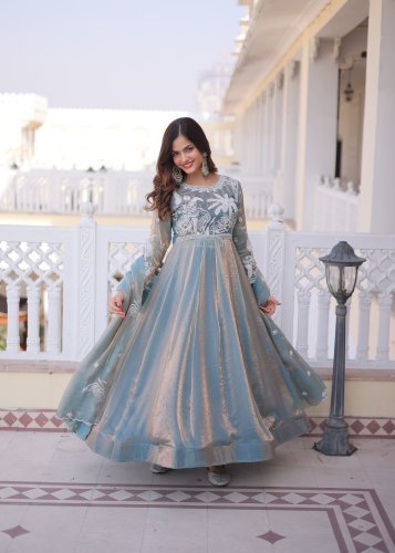 LW DN 9315 Fendi Satin Anarkali Gown With Dupatta And Thread Sequence Embroidery In Grey Color