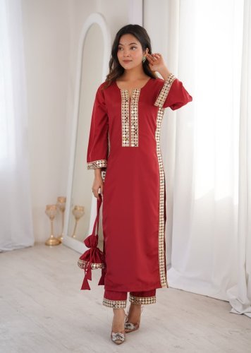 LW DN 9324 Premium Readymade Kurti Pant With Natural Crepe Fabric And Mirror Work In Maroon Color