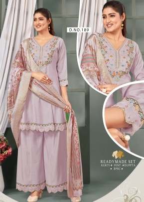 Demanding Festival Roman Silk With Cotton Inner And Embroidery Work With Hand Work 3 Pieces Kurti Set Light Purple Color 