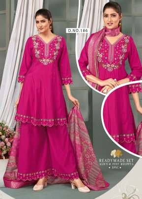 Demanding Festival Roman Silk With Cotton Inner And Embroidery Work With Hand Work 3 Pieces Kurti Set Pink Color 