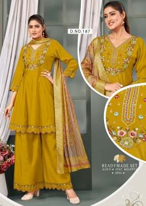 Demanding Festival Roman Silk With Cotton Inner And Embroidery Work With Hand Work 3 Pieces Kurti Set Yellow Color 