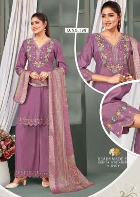 Demanding Festival Roman Silk With Cotton Inner And Embroidery Work With Hand Work 3 Pieces Kurti Set Purple Color 