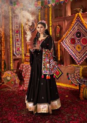 Demanding Navratri Collection Special Chaniya Choli Viscose Cotton And Thread With Mirror And Lampi Bordering Black Color 