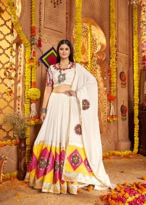 Demanding Navratri Garba Collection Viscose Cotton And Thread Embroidery With Jacquard Patch Work Chaniya Choli White Color 