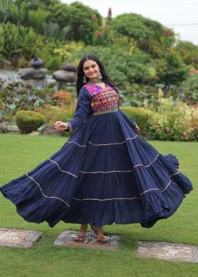 Demanding Navratri Garba Nights Reyon Kutchi Gamthi With Embroidered And Mirror hand Work Gown Blue Color 