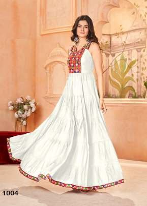 Demanding Navratri Garba Nights Ghoomar Heavy Rayon And Gamthi Work With Lace Border Gown White Color 