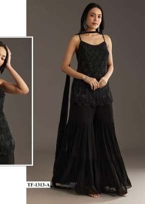 Demanding Wedding Collection Sharara Suit Heavy Faux Georgette And Embroidery With Bits Work Black Color 
