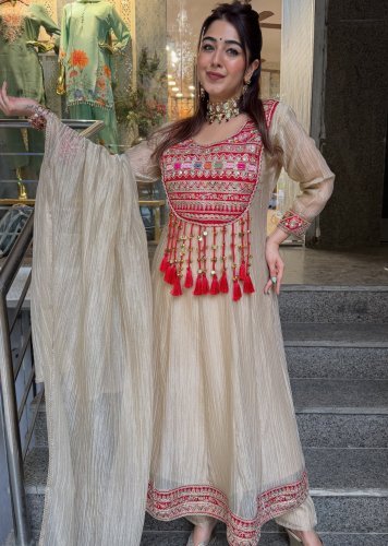 Design Top Pent Dupatta Set Salsa Crush Silk With Embroidery Sequence Work  Cream Color DN 818