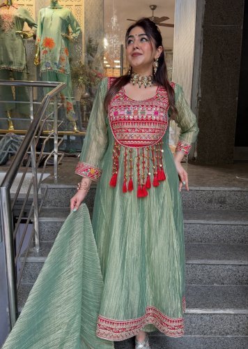 Design Top Pent Dupatta Set Salsa Crush Silk With Embroidery Sequence Work Green Color DN 818