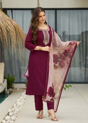Designer 3 Pieces Set Pure Viscose Rayon With Sequence Codding Embroidery Work Kurti Pant Dupatta Maroon Color 