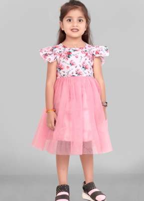 Designer AB Cotton And Net With Digital Print Kids Frock Pink Color DN 064