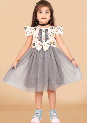 Designer AB Cotton And Net With Digital Print Kids Frock Grey Color DN 1058