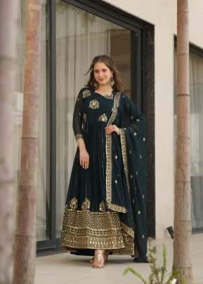Designer Anarkali Gown Faux Blooming with Rich Zari And With Embroidery Sequence Work Rama Color LW DN 9262