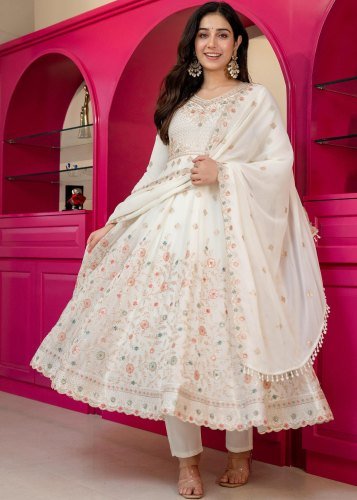 Designer Anarkali Gown Faux Blooming With  Embroidery Thread and Sequence Work Off White Color LFH TD DN 6122