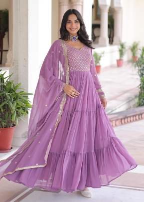 Designer Anarkali Gown Faux Georgette With Embroidery Sequence Work Dupptta Purple Color LW DN 9280