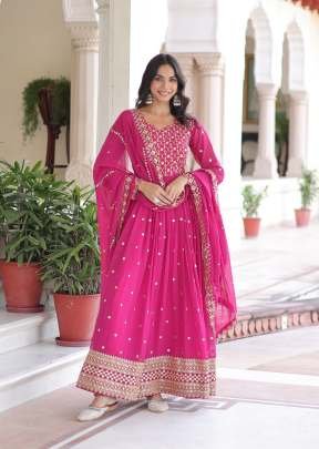 Designer Anarkali Gown Faux Georgette With Embroidery Sequence And  Zari Embroidered Work Rani Pink Color LW DN 9282