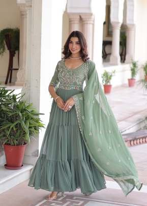 Designer Anarkali Gown Fox Georgette With Multi Thread Embroidery Sequence And Beads Work  Pista Green Color DN 1213
