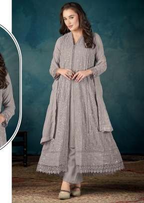 Designer Anarkali Gown Heavy Faux Georgette With Embroidery Sequence Work Grey Color DN 4217