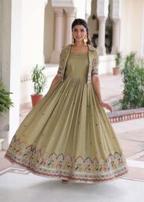 Designer Anarkali Gown Koti Vichitra Silk With Embroidery Thread Work and Sequence Jari Work Parrot Color  LW DN 9303