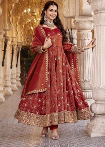 Designer Anarkali Gown Pent Dupatta Set Cosmos With Heavy Semi Bits With Embroidered work Rust Orange LFH TD DN 6140