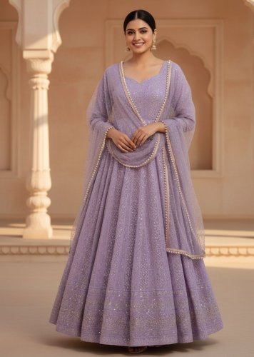 Designer Anarkali Gown Pent Dupatta Set Soft Georgette With Embroidery Thread Work Lavender Color LFH TD DN 6116