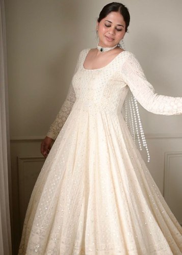 Designer Anarkali Gown Pent Dupatta Set Soft Georgette With Embroidery Thread Work Off White Color LFH TD DN 6116