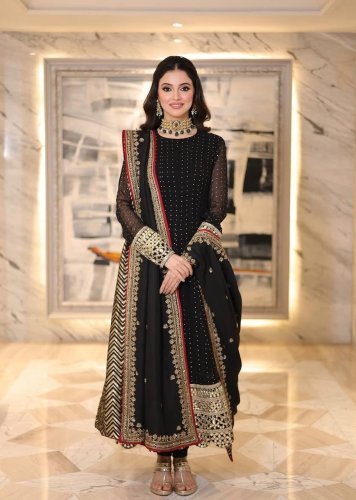 Designer Anarkali Gown Pent Dupatta Set Heavy Faux Blooming Georgette with Embroidery Black Color  LFH TD DN 6127