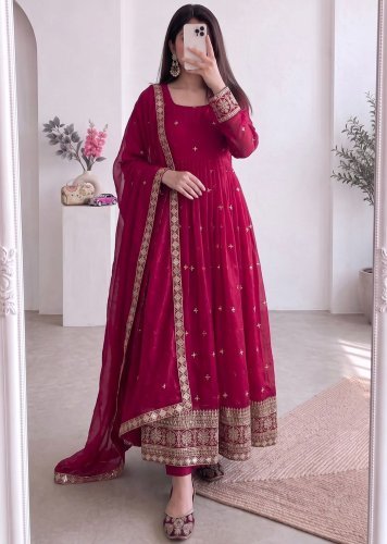 Designer Anarkali Gown Pent Dupatta set Heavy Fandy Silk With Embroidery Sequence Work Magenta Color LFH SSC DN 733