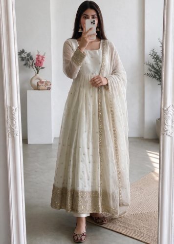 Designer Anarkali Gown Pent Dupatta set Heavy Fandy Silk With Embroidery Sequence Work Off White Color LFH SSC DN 733