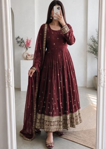Designer Anarkali Gown Pent Dupatta set Heavy Fandy Silk With Embroidery Sequence Work Maroon Color LFH SSC DN 733